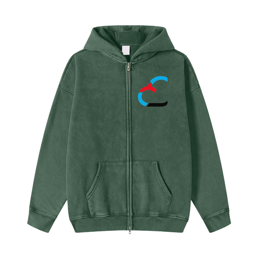 Snow Washed Zip-Through Fleece Hoodie